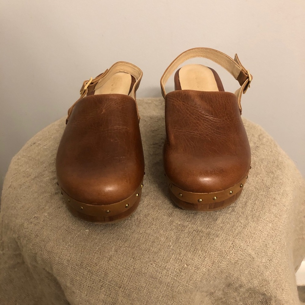 Leather and wood clog mules